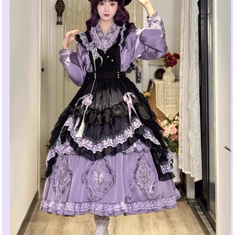 華ロリ 中華ロリ ワンピース + エプロン のみ 2点セット 胡蝶蘭 ロング 