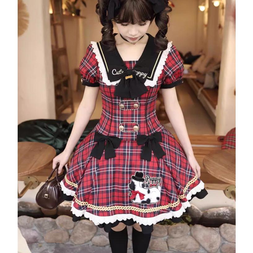 ハンドメイドロリータピンク チェック柄 ワンピース ひざ丈 ロリータファッション ワンピース のみ フリル ダルメシアン チェック