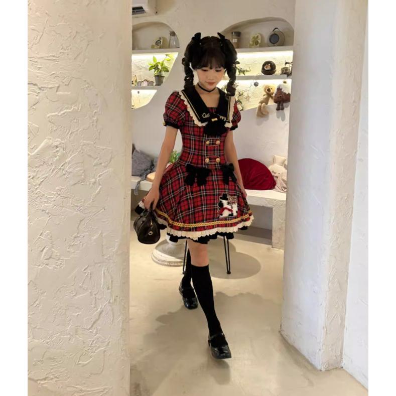 ハンドメイドロリータピンク チェック柄 ワンピース ひざ丈 ロリータファッション ワンピース のみ フリル ダルメシアン チェック