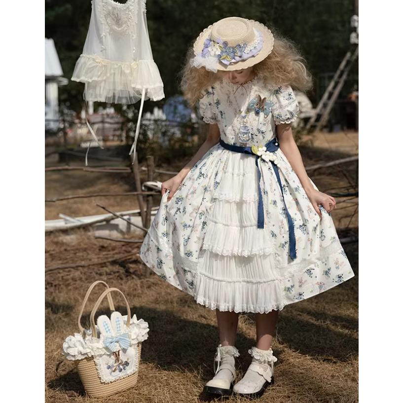 ロリータ ホワイトリリーワンピース グリーン 花柄 クラロリ クラシカルロリータ クラロリ ワンピース のみ 3色 花柄 お花 プリント
