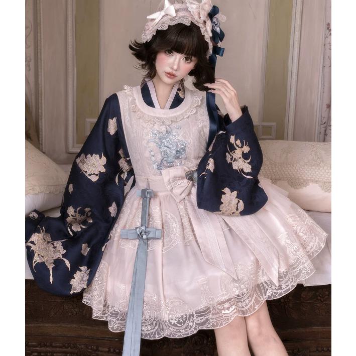 sister jane チャイナ服風 ワンピース 総柄刺繍 リボンブローチ付き 華ロリ 中華ロリ インナー + ジャンパースカート リボンブローチ 3点