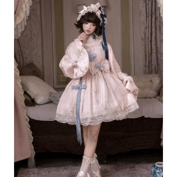 sister jane チャイナ服風 ワンピース 総柄刺繍 リボンブローチ付き 華ロリ 中華ロリ インナー + ジャンパースカート リボンブローチ 3点