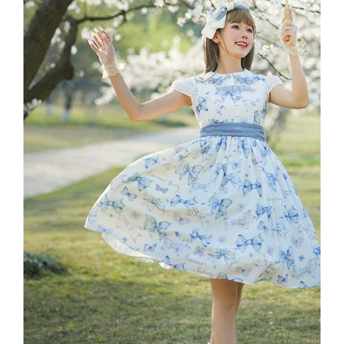 甘ロリ ジャンパースカート のみ りぼん柄 プリント 膝丈 ミディアム 