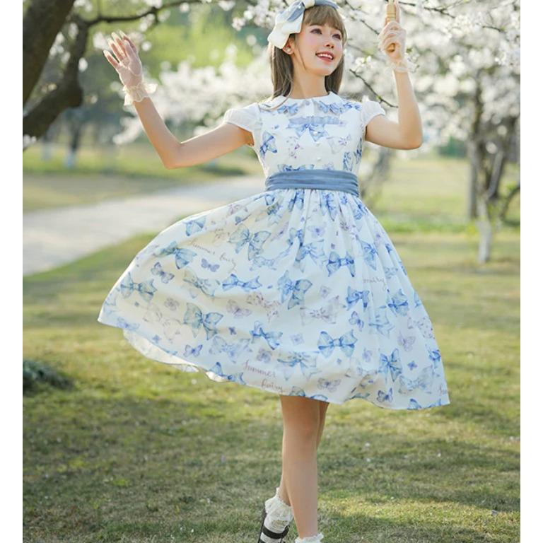 甘ロリ ジャンパースカート のみ りぼん柄 プリント 膝丈 ミディアム 