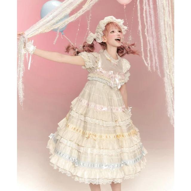 甘ロリ ジャンパースカート のみ レインボー エンジェル ハイウエスト フリル ひざ丈 ミディアム ラブリー かわいい ガーリー 春夏コーデ イベント お茶会の画像