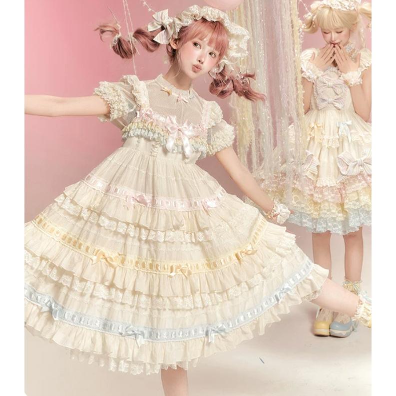 甘ロリ ジャンパースカート のみ レインボー エンジェル ハイウエスト フリル ひざ丈 ミディアム ラブリー かわいい ガーリー 春夏コーデ イベント お茶会の画像