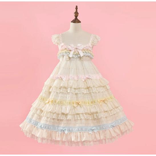 甘ロリ ジャンパースカート のみ レインボー エンジェル ハイウエスト フリル ひざ丈 ミディアム ラブリー かわいい ガーリー 春夏コーデ イベント お茶会の画像