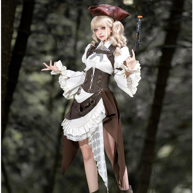 スチームパンク steampunk ウエストコルセット + 付け袖 + ブラウス + スカート + サスペンダー 5点セット 海賊風 ゴシック 春夏コーデ ハロウィン 撮影 舞台の画像
