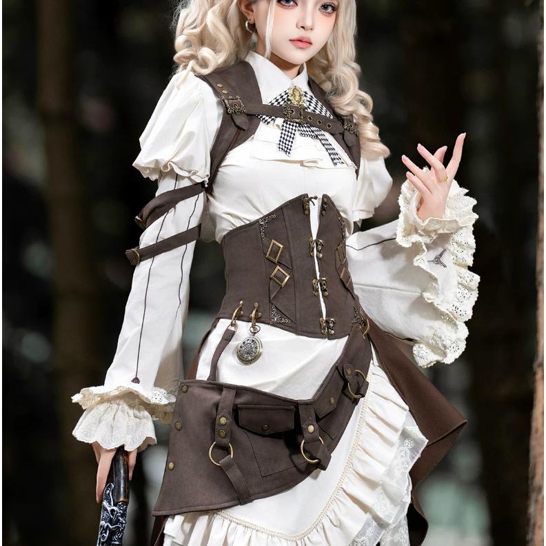スチームパンク steampunk ウエストコルセット + 付け袖 + ブラウス + スカート + サスペンダー 5点セット 海賊風 ゴシック 春夏コーデ ハロウィン 撮影 舞台の画像