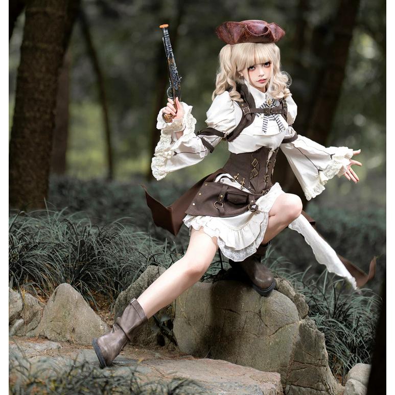 スチームパンク steampunk ウエストコルセット + 付け袖 + ブラウス + スカート + サスペンダー 5点セット 海賊風 ゴシック 春夏コーデ ハロウィン 撮影 舞台の画像