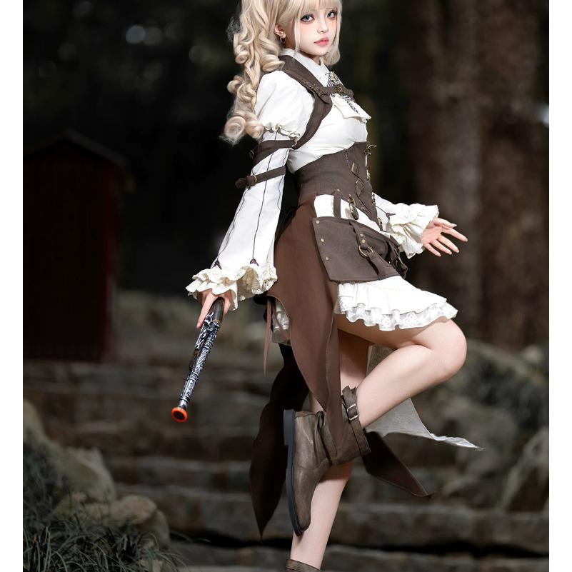 スチームパンク steampunk ウエストコルセット + 付け袖 + ブラウス + スカート + サスペンダー 5点セット 海賊風 ゴシック 春夏コーデ ハロウィン 撮影 舞台の画像