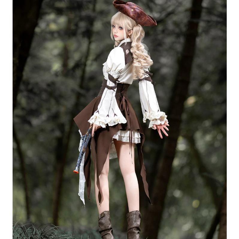 スチームパンク steampunk ウエストコルセット + 付け袖 + ブラウス + スカート + サスペンダー 5点セット 海賊風 ゴシック 春夏コーデ ハロウィン 撮影 舞台の画像