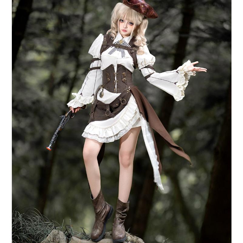 スチームパンク steampunk ウエストコルセット + 付け袖 + ブラウス + スカート + サスペンダー 5点セット 海賊風 ゴシック 春夏コーデ ハロウィン 撮影 舞台の画像