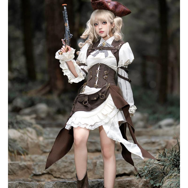 スチームパンク steampunk ウエストコルセット + 付け袖 + ブラウス + スカート + サスペンダー 5点セット 海賊風 ゴシック 春夏コーデ ハロウィン 撮影 舞台の画像