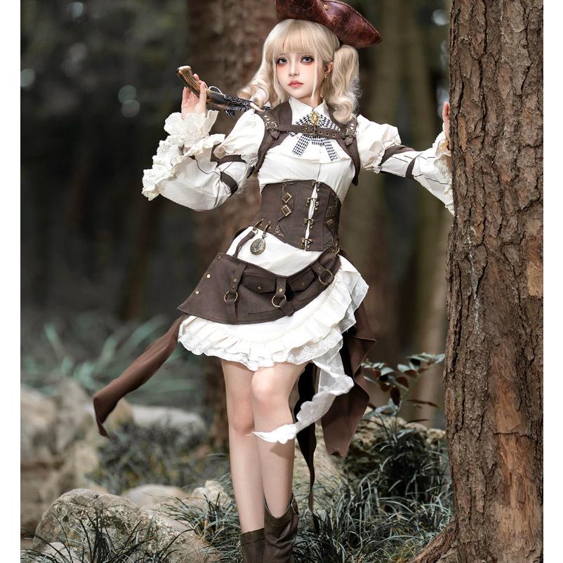 スチームパンク steampunk ウエストコルセット + 付け袖 + ブラウス + スカート + サスペンダー 5点セット 海賊風 ゴシック 春夏コーデ ハロウィン 撮影 舞台の画像