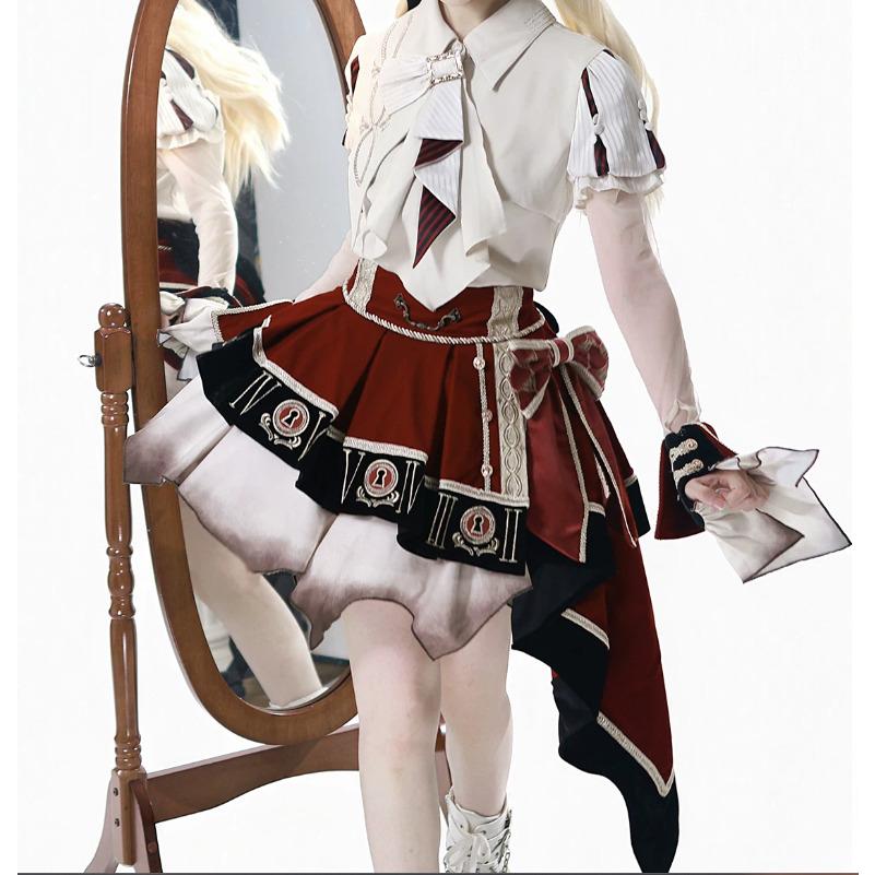 ゴスロリファッション ゴスロリ ブラウス + スカート 2点セット ミニ丈 ショート丈 膝上 半袖 制服風 学院風 幻想的 夏コーデ 撮影会 普段使い デイリーの画像