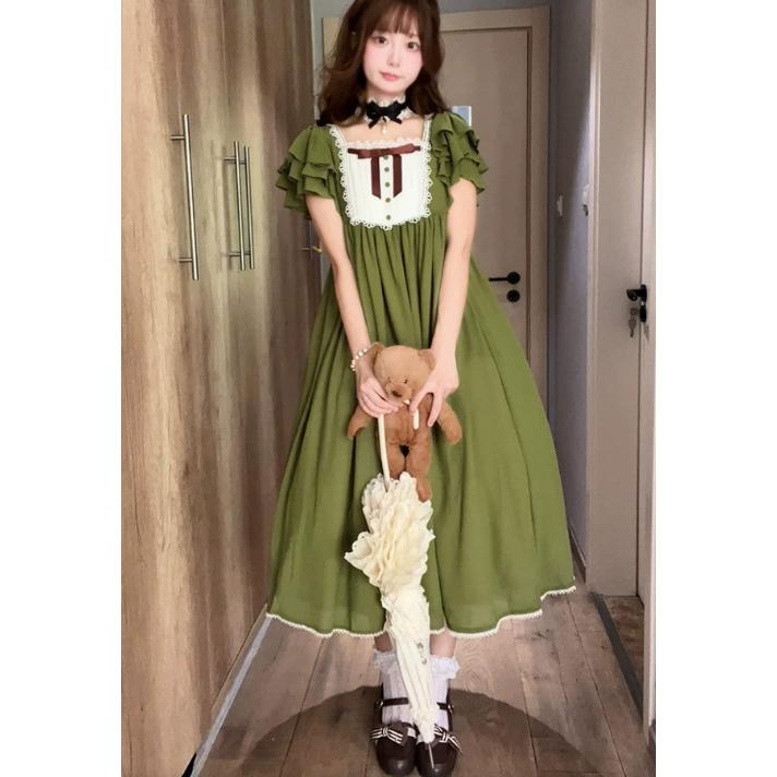 ロリータファッション ワンピース のみ 5色 ひざ下丈 ミモレ丈 半袖