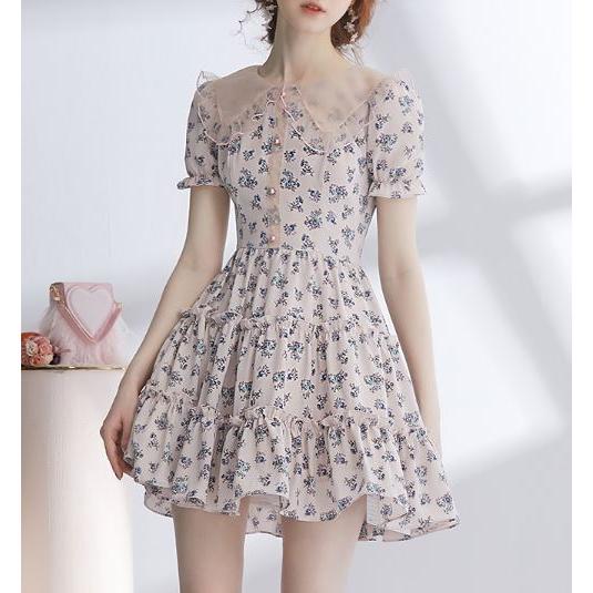 シャツワンピース Aラインワンピ 異素材 ミニ丈 ショート丈 膝上 ラウンドネック 丸首 花柄 パフスリーブ 袖フリル フリル袖 スリム 細身 レトロ トレンド 上品 Semil0128 Luxury ラグジュアリ 通販 Yahoo ショッピング