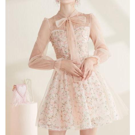 セミロリータ ドレス ワンピース ピンク ミニ フレア 花柄 小花柄 フェアリー 長袖 透け感 フェミニン かわいい 大人 上品 エレガント 華やか 結婚式 パーティ Semil0231 Luxury ラグジュアリ 通販 Yahoo ショッピング