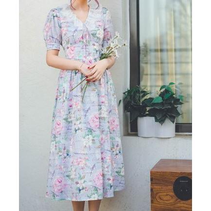 フラワーワンピース 春夏 半袖 シフォン ロゴ レース ロング ミディアム 姫袖 プリント 花柄 エレガント 大人 ガーリー かわいい フレア お呼ばれ おでかけ デー Semil0321 Luxury ラグジュアリ 通販 Yahoo ショッピング