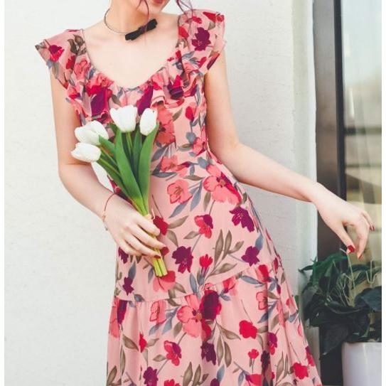 フラワーワンピース 春夏 ピンク 春夏 ロング ゴシック ロリータ服 ノースリーブ フレア デート 切り替え 総柄 プリント おしゃれ 華やか ふんわり 大人 かわいい ドレス Semil0327 二次会 お呼ばれ デート Luxury ラグジュアリ 人気を誇る