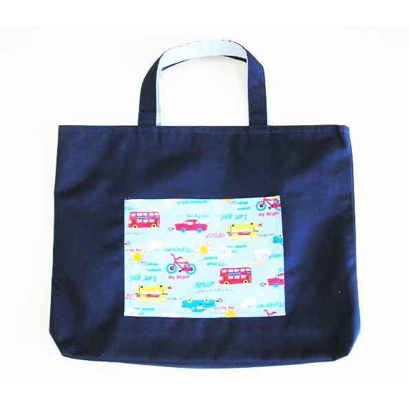 手提げレッスンバッグ【30cm×40cm×マチ5cm】紺地にブルー車
