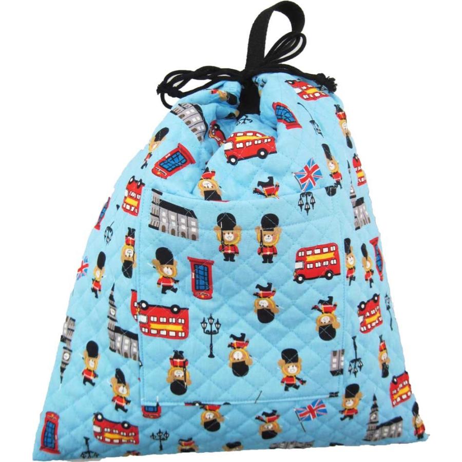 体操服袋 取っ手付き巾着袋(大) ブルー×ロンドン柄 巾着袋（ポケット