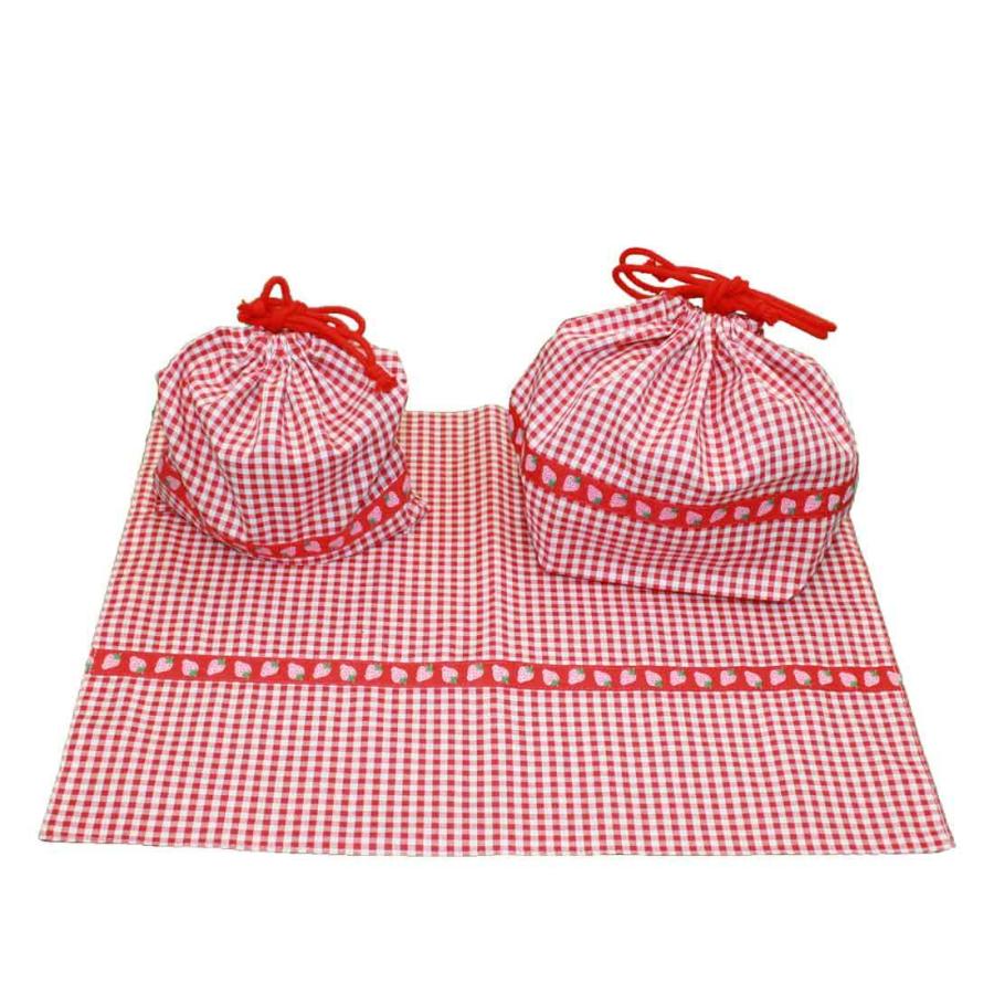 手作り ランチ3点セット(赤と白のギンガムチェックにイチゴの