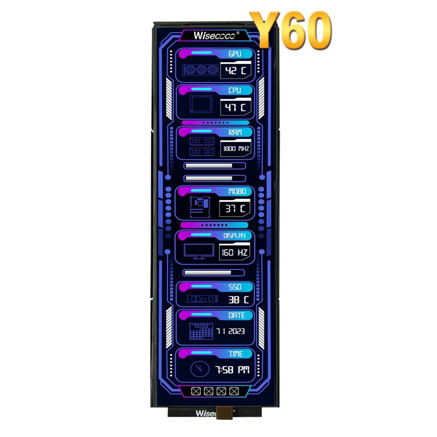 wisecoco Y60用 PCケース モニター 12.6インチ 細長液晶スクリーン IPS