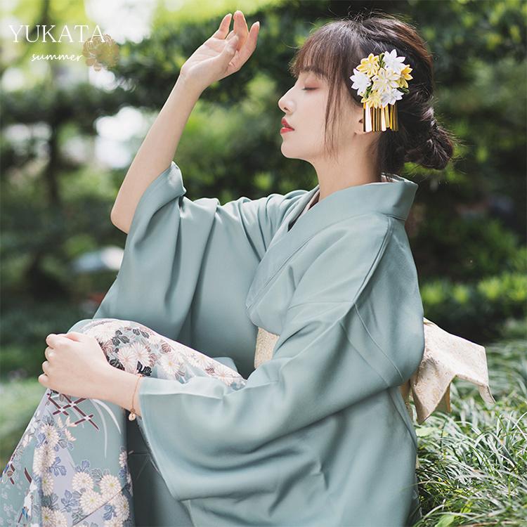 浴衣 ゆかた レディース 女性 青い グリーン 緑 洗える お稽古 ショッピング 街着 お出かけ 文化祭 夏