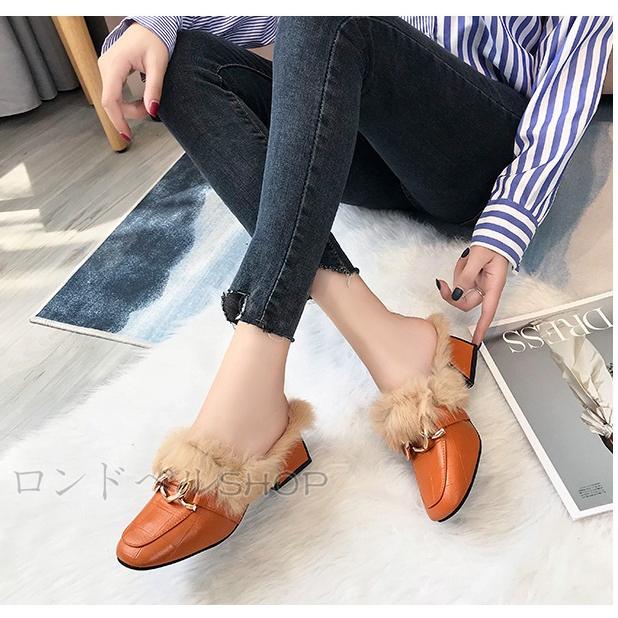 ファーサンダル ぺたんこ かかとなし ふわふわサンダル カジュアル サンダル シューズ ファー ファーシューズ ファー付き ポインテッドトゥ ミュール レディースサンダル 冬 太ヒール 歩きやすい 秋サンダル 素敵でユニークな 歩きやすい