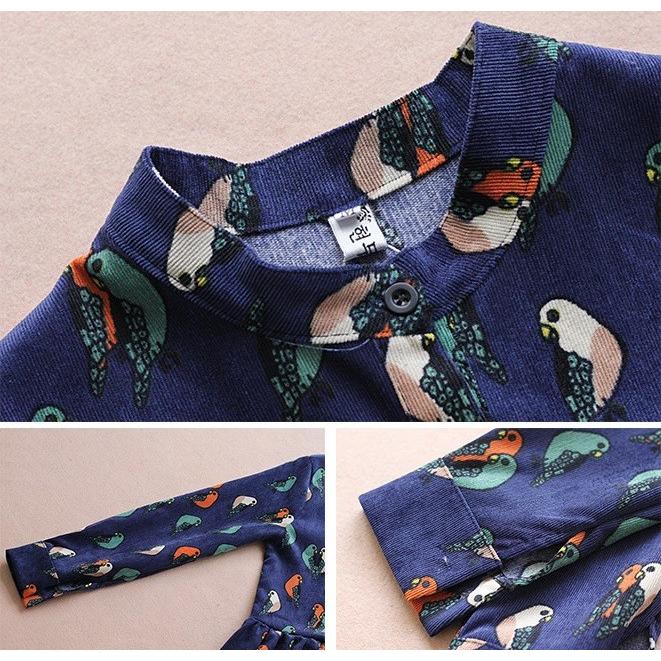 ワンピース チュニック ひざ丈 長袖 プリント 鳥柄 レトロ Aライン