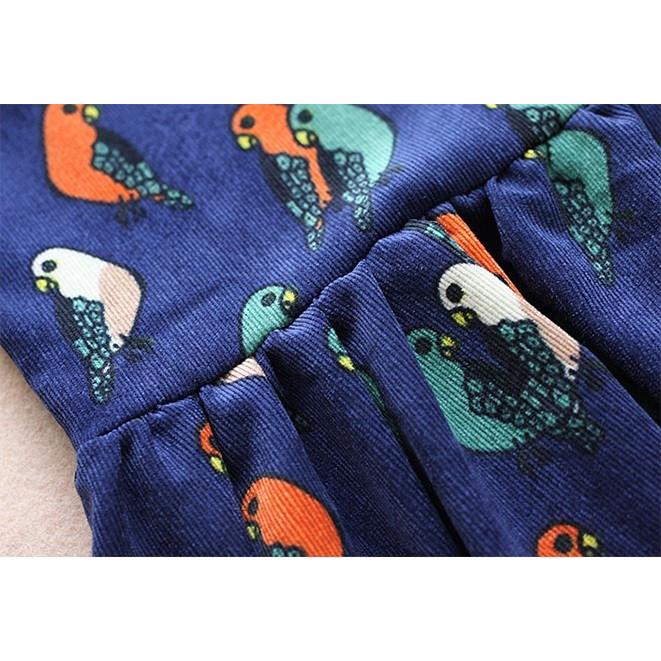 ワンピース チュニック ひざ丈 長袖 プリント 鳥柄 レトロ Aライン