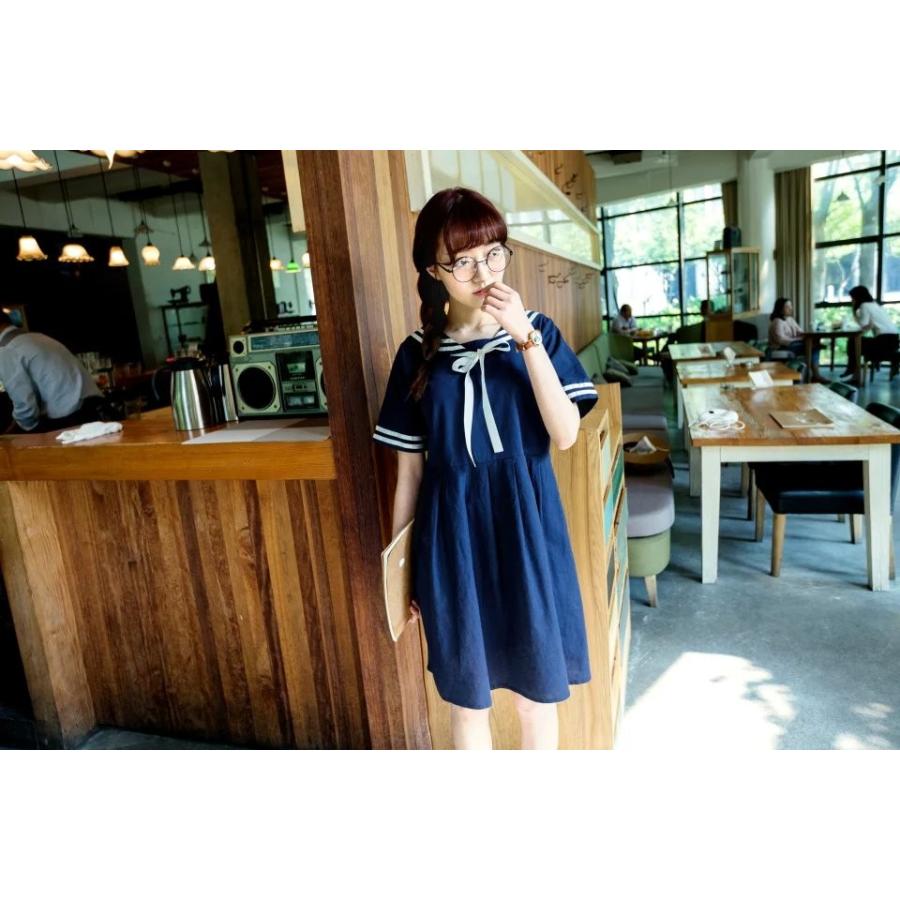 ワンピース チュニック ひざ丈 半袖 レトロ レトロ感 セーラー服風 森ガール セーラー服 女子高生 制服 セーラー襟付ワンピース 春 秋 マリン風 ひざ上丈 清楚 x London Bridge 通販 Yahoo ショッピング