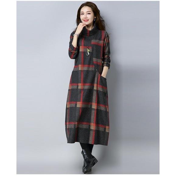 ワンピース チュニック ロング丈 マキシ丈 長袖 秋冬新作 レトロ タートルネック チェック柄 トップス ワンピ 長袖カジュアル ファッション 体型カバー x London Bridge 通販 Yahoo ショッピング
