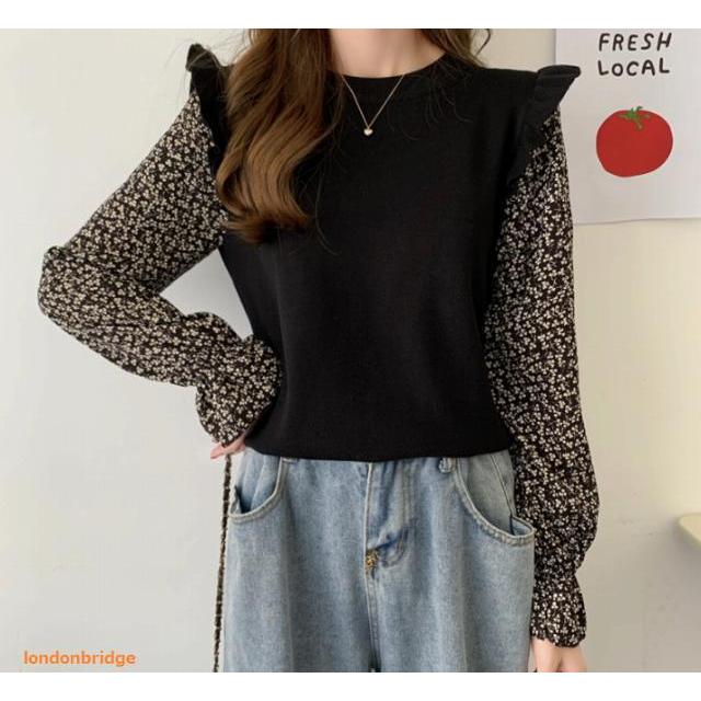 トップス ニット ベスト レディース 柄シャツ ドッキング トップス ニットベスト 肩フリル 長袖 シャツ ブラウス TAGX12972 重ね着  韓国ファッション :TAGX12972:London Bridge - 通販 - Yahoo!ショッピング