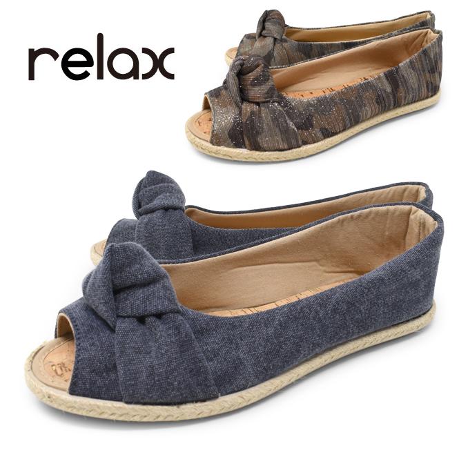 RELAX relax リボン フラットパンプス オープントゥ レディース