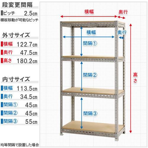 スチールラック 幅120×奥行45×高さ180cm 4段 300kg/段 ボード棚 物品棚 オープンラック スチール棚 軽量ラック 収納棚 本棚 棚 オフィス 国産 BOARD-124518-4の画像