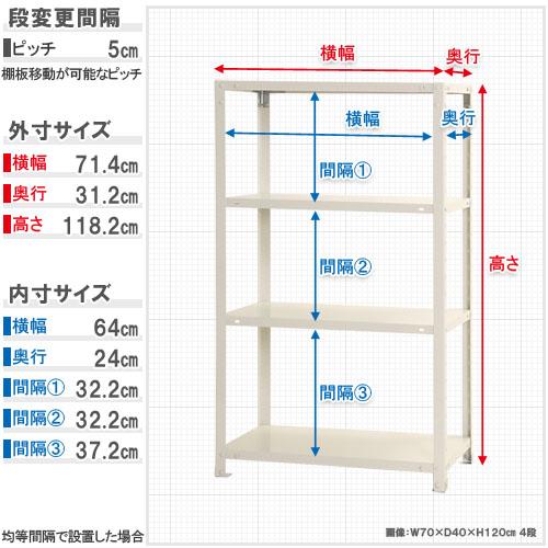 スチールラック 幅70×奥行30×高さ120cm 4段 40kg/段 スリムラック 軽量ラック 業務用 収納棚 スチール棚 物品棚 オープンラック 店舗 倉庫 整理棚 NSTR-444の画像