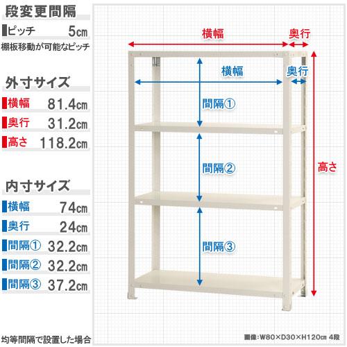 キタジマ スチールラック 幅80×奥行30×高さ120cm 4段 40kg/段 スリム