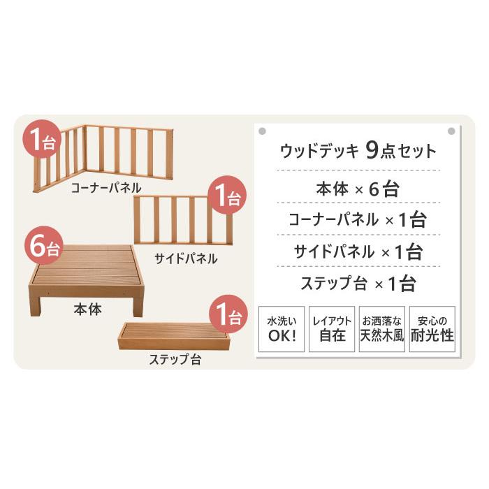 ウッドデッキ 9点セット 1.5坪 樹脂 縁側 庭 縁台 人工木 デッキセット diy おしゃれ ガーデンデッキ ガーデンベンチ ステージ ウッドパネル 頑丈 木目 HP-S6CSBの画像