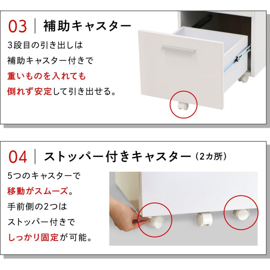 ワゴン 3段 キャスター付き ホワイト サイドワゴン 大容量 デスクワゴン 脇机 袖机 サイドチェスト オフィスワゴン 白 おしゃれ 引き出し キャビネット ST-Wagonの画像