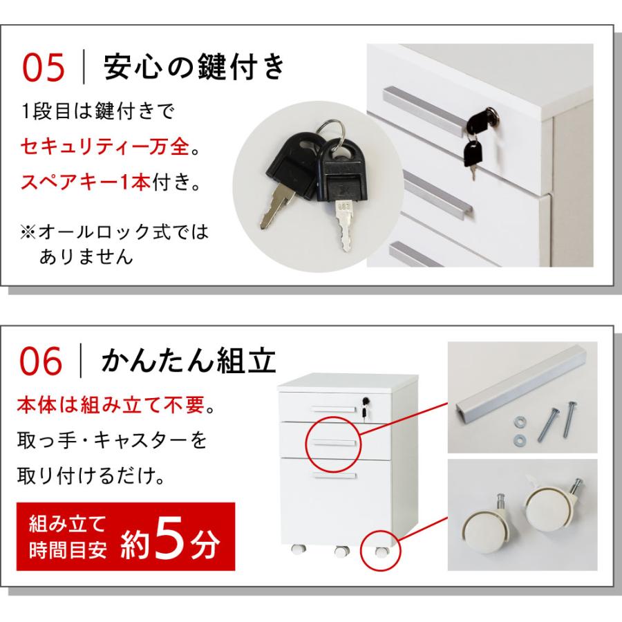 ワゴン 3段 キャスター付き ホワイト サイドワゴン 大容量 デスクワゴン 脇机 袖机 サイドチェスト オフィスワゴン 白 おしゃれ 引き出し キャビネット ST-Wagonの画像