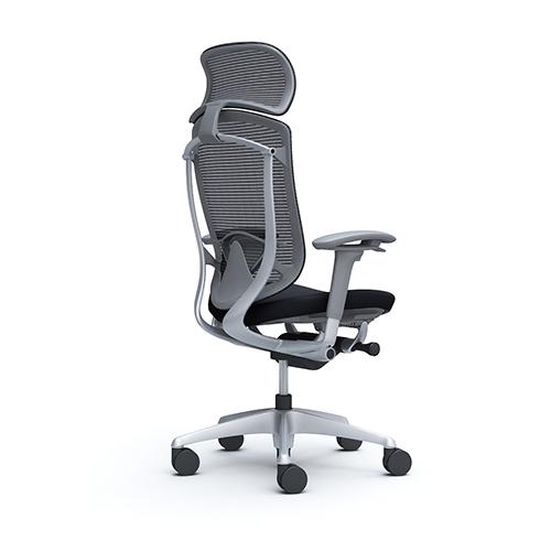 コンテッサ セコンダ オカムラ 可動肘 座クッション ランバーサポート付き 大型ヘッドレスト シルバーフレーム グレーボディ 高級 チェア 椅子 CC87YE CC87GEの画像