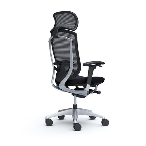 コンテッサ セコンダ オカムラ 可動肘 座クッション ランバーサポート付き 大型ヘッドレスト シルバーフレーム ブラックボディ チェア おしゃれ CC87YS CC87GSの画像