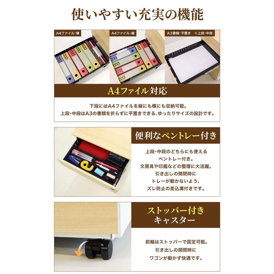 デスクワゴン 3段 シリンダー錠 木目 サイドワゴン 袖机 脇机 キャビネット サイドデスク オフィス 収納 引き出し スチール ワゴン キャスター付 A4 EFG2-S3-Cの画像