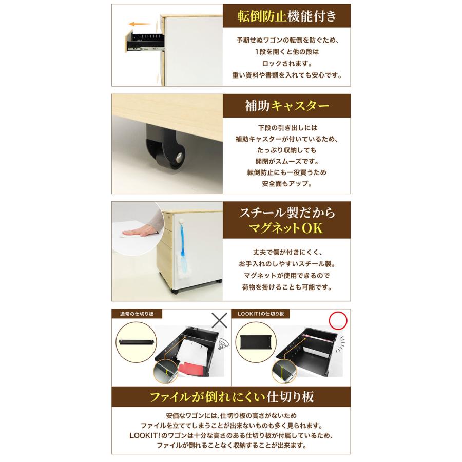 デスクワゴン 3段 シリンダー錠 木目 サイドワゴン 袖机 脇机 キャビネット サイドデスク オフィス 収納 引き出し スチール ワゴン キャスター付 A4 EFG2-S3-Cの画像