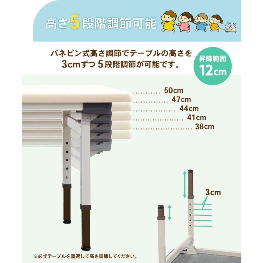 法人送料無料  折りたたみテーブル 作業台 幼稚園 保育園 国産 教育施設 幅1500×奥行750mm 高さ調節 ワークテーブル  ソフトエッジ 完成品 塾 抗菌 EU-1575｜lookit｜03