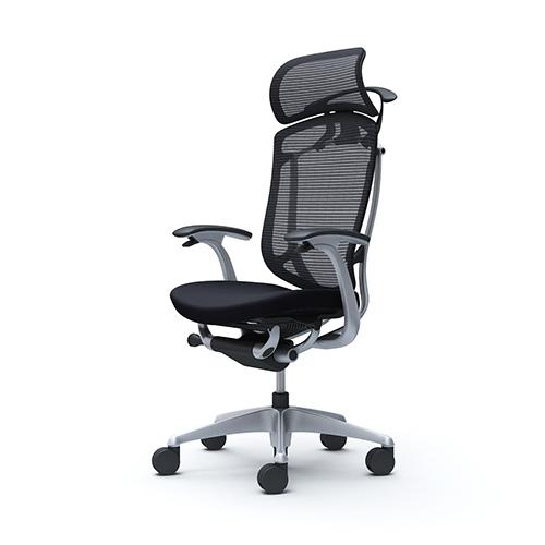 コンテッサ セコンダ オカムラ 固定肘 座クッション ハンガー付き 大型ヘッドレスト シルバーフレーム ブラックボディ オフィスチェア 完成品 CC48YR CC48GRの画像