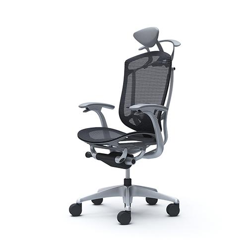 コンテッサ セコンダ オカムラ 固定肘 座メッシュ ランバーサポート付き ハンガー付き 小型ヘッドレスト シルバーフレーム グレーボディ 椅子 CC4BYE CC4BGEの画像
